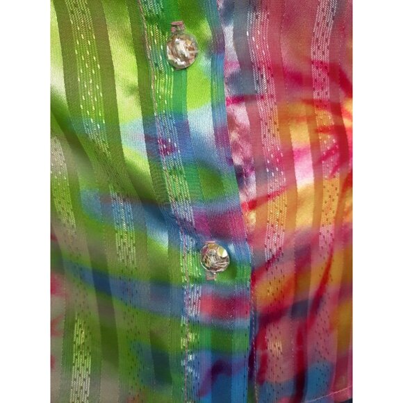 Vintage 90s Tie Dye Print Sheer Shimmery Blouse Size S White Button Front - Picture 3 of 12